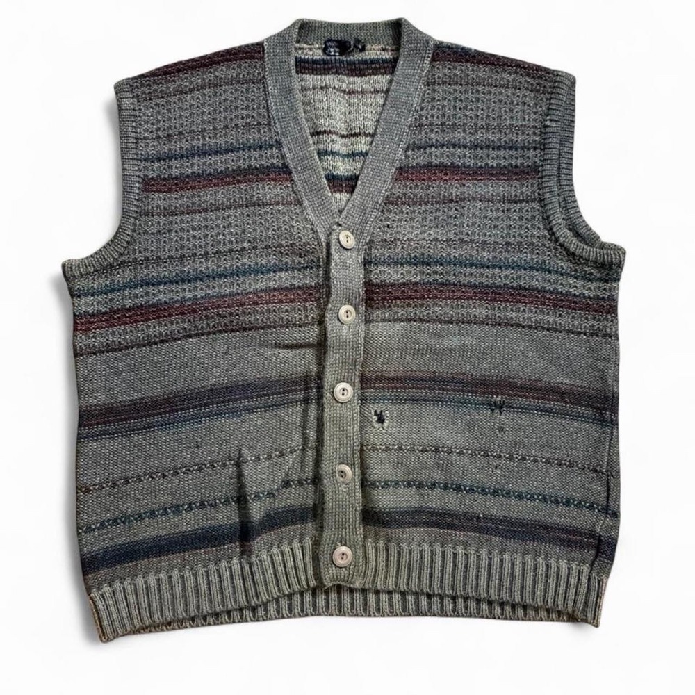 Vintage Striped Sweater Vest Button Up Cardigan Size Medium Grunge
